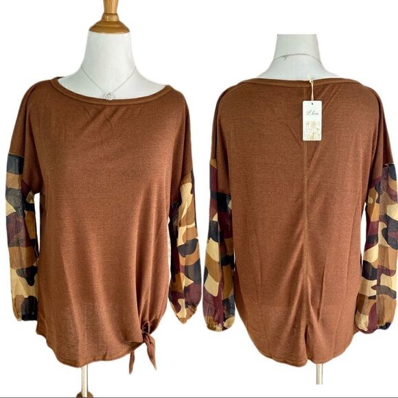 Contrast Pecan Brown Camo Print Front Tie Top - Picture 2 of 8